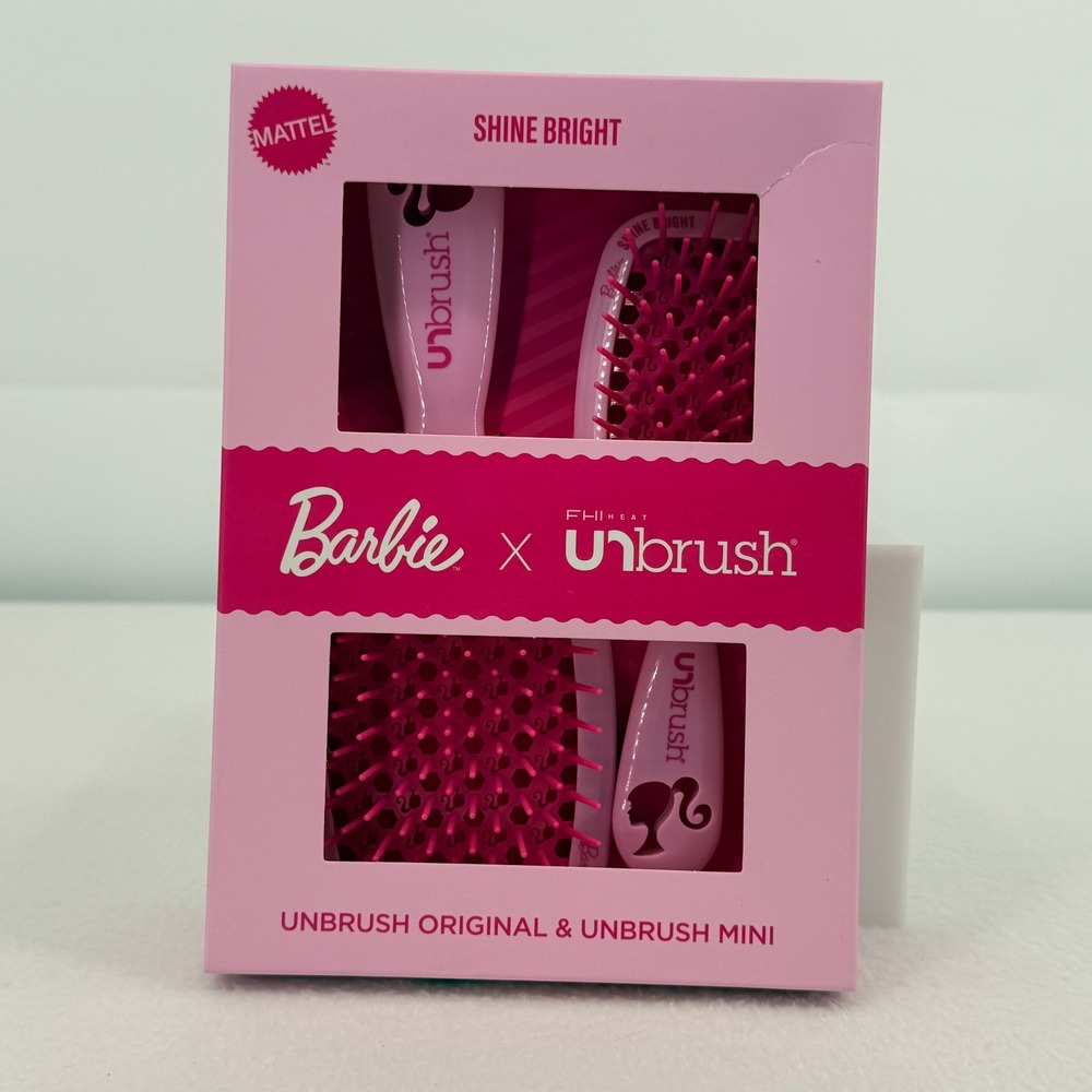 Barbie x FHI Heat Unbrush Shine Bright Detangling Brush Set Original & Mini Pink